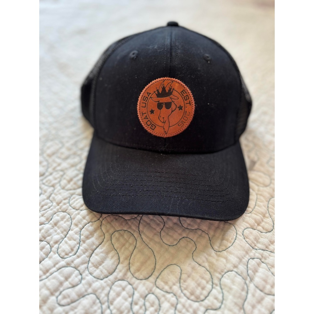 GOAT USA‎ Mens Black Trucker Hat Orange Logo Patch Snapback Cap OSFA